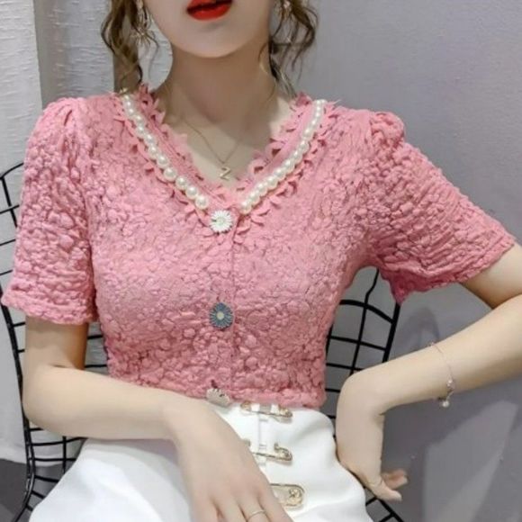 Short-Sleeve Lace Blouse - Picture 1 of 8